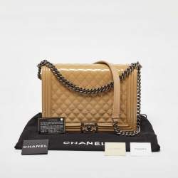 Pre Owned Chanel Beige Quilted Patent Leather Large Boy Flap Bag