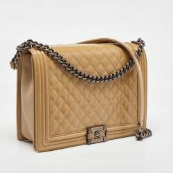 Pre Owned Chanel Beige Quilted Patent Leather Large Boy Flap Bag