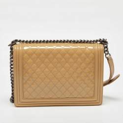 Pre Owned Chanel Beige Quilted Patent Leather Large Boy Flap Bag