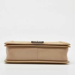 Pre Owned Chanel Beige Quilted Patent Leather Large Boy Flap Bag