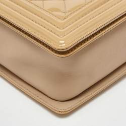 Pre Owned Chanel Beige Quilted Patent Leather Large Boy Flap Bag
