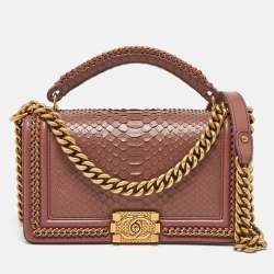 Pre Owned Chanel Rose Pink Python Medium Boy Flap Top Handle Bag