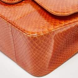 Pre Owned Chanel Orange Python Jumbo Classic Double Flap Bag