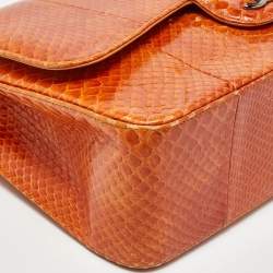 Pre Owned Chanel Orange Python Jumbo Classic Double Flap Bag