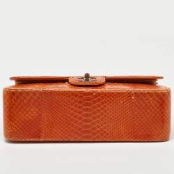 Pre Owned Chanel Orange Python Jumbo Classic Double Flap Bag