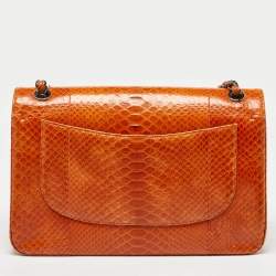 Pre Owned Chanel Orange Python Jumbo Classic Double Flap Bag