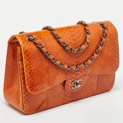 Pre Owned Chanel Orange Python Jumbo Classic Double Flap Bag
