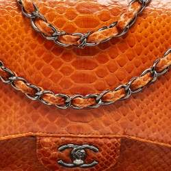 Pre Owned Chanel Orange Python Jumbo Classic Double Flap Bag