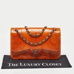 Pre Owned Chanel Orange Python Jumbo Classic Double Flap Bag