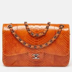 Pre Owned Chanel Orange Python Jumbo Classic Double Flap Bag