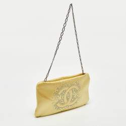 Pre Owned Chanel Yellow Satin CC Diamante Evening Clutch Bag