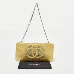 Pre Owned Chanel Yellow Satin CC Diamante Evening Clutch Bag
