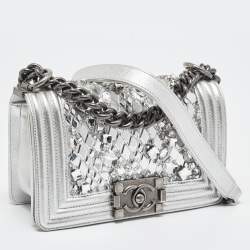 Pre Owned Chanel Silver Leather Small Crystals Embellished Boy Flap Bag