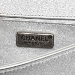 Pre Owned Chanel Silver Leather Small Crystals Embellished Boy Flap Bag