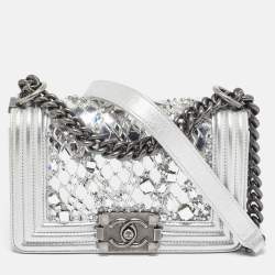 Pre Owned Chanel Silver Leather Small Crystals Embellished Boy Flap Bag