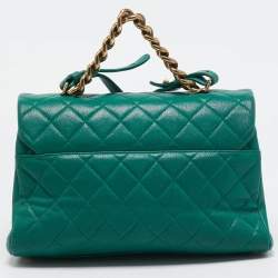 Pre Owned Chanel Green Quilted Leather Large Trapezio Flap Bag