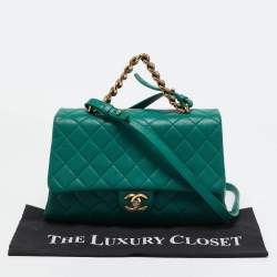 Pre Owned Chanel Green Quilted Leather Large Trapezio Flap Bag