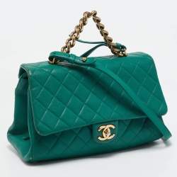 Pre Owned Chanel Green Quilted Leather Large Trapezio Flap Bag