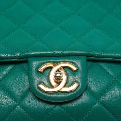 Pre Owned Chanel Green Quilted Leather Large Trapezio Flap Bag