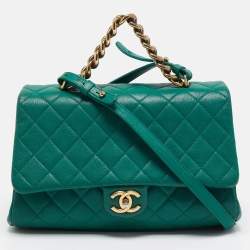 Pre Owned Chanel Green Quilted Leather Large Trapezio Flap Bag