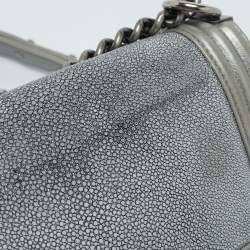 Pre Owned Chanel Grey/Silver Leather and Stingray Medium Boy Flap Bag