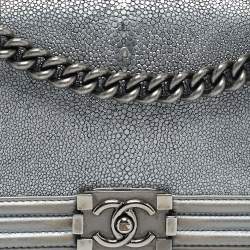 Pre Owned Chanel Grey/Silver Leather and Stingray Medium Boy Flap Bag