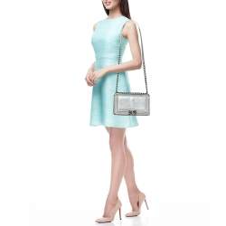 Pre Owned Chanel Grey/Silver Leather and Stingray Medium Boy Flap Bag