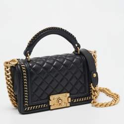 Pre Owned Chanel Black Quilted Leather Small Chain Around Boy Flap Bag