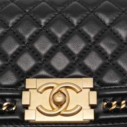 Pre Owned Chanel Black Quilted Leather Small Chain Around Boy Flap Bag
