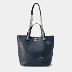 Chanel Navy Leather Punching Logo Chain Tote bag