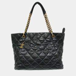 Pre Owned Chanel Black Navy Matelasse Chain Caviar Leather Tote Bag