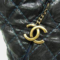 Pre Owned Chanel Black Navy Matelasse Chain Caviar Leather Tote Bag
