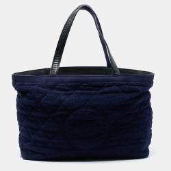 Pre Owned Chanel Navy Blue Quilted Terry Cloth CC Beach Tote