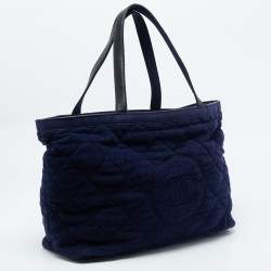 Pre Owned Chanel Navy Blue Quilted Terry Cloth CC Beach Tote