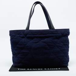 Pre Owned Chanel Navy Blue Quilted Terry Cloth CC Beach Tote
