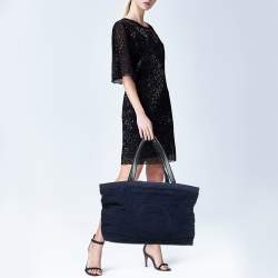 Pre Owned Chanel Navy Blue Quilted Terry Cloth CC Beach Tote