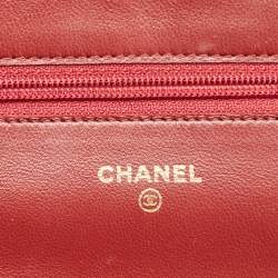 Pre Owned Chanel Red Leather Camellia WOC Clutch Bag