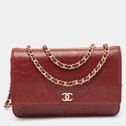 Pre Owned Chanel Red Leather Camellia WOC Clutch Bag