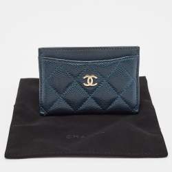 Pre Owned Chanel Teal Blue Quilted Caviar Leather CC Card Holder