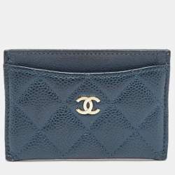 Pre Owned Chanel Teal Blue Quilted Caviar Leather CC Card Holder