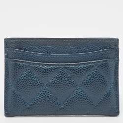 Pre Owned Chanel Teal Blue Quilted Caviar Leather CC Card Holder