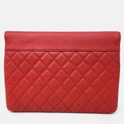 Pre Owned Chanel Red Leather Chanel Caviar Flap New Medium Clutch