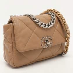 Pre Owned Chanel Beige Quilted Leather Small 19 Flap Bag