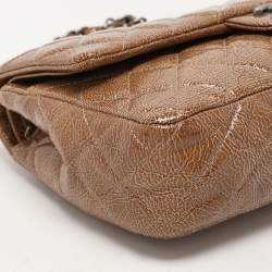 Pre Owned Chanel Camel Quilted Crinkled Patent Leather Medium Classic Double Flap Bag