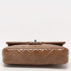 Pre Owned Chanel Camel Quilted Crinkled Patent Leather Medium Classic Double Flap Bag