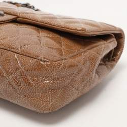 Pre Owned Chanel Camel Quilted Crinkled Patent Leather Medium Classic Double Flap Bag