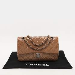 Pre Owned Chanel Camel Quilted Crinkled Patent Leather Medium Classic Double Flap Bag