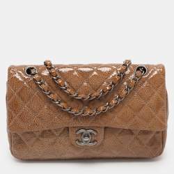 Pre Owned Chanel Camel Quilted Crinkled Patent Leather Medium Classic Double Flap Bag