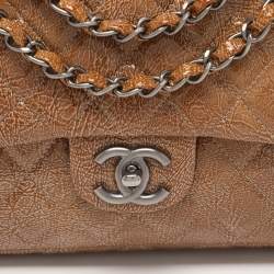 Pre Owned Chanel Camel Quilted Crinkled Patent Leather Medium Classic Double Flap Bag