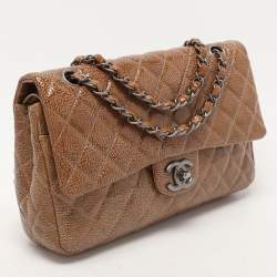 Pre Owned Chanel Camel Quilted Crinkled Patent Leather Medium Classic Double Flap Bag